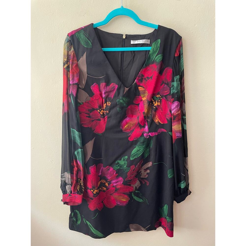 Trina Turk Black Floral Sheer Sleeve Dress